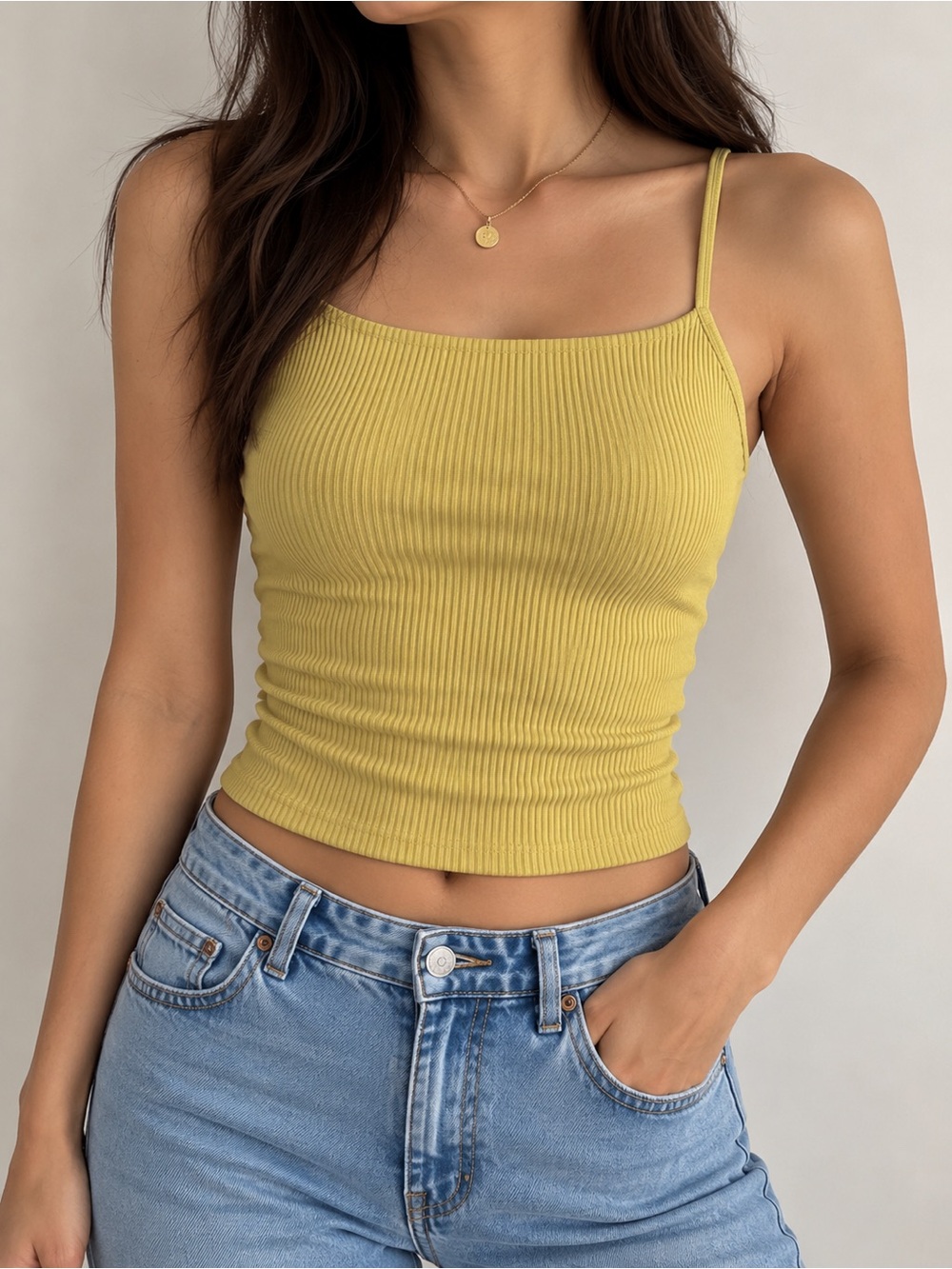 H&M Ribbed Spaghetti Strap Crop Top - Mustard Yellow